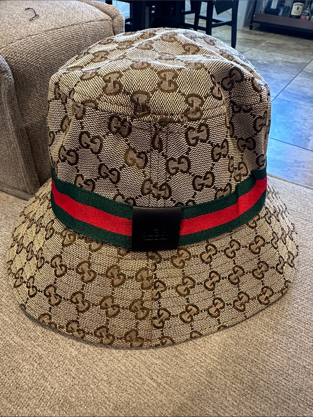 Beige/Brown Canvas Bucket Hat with Green & Red Stripe